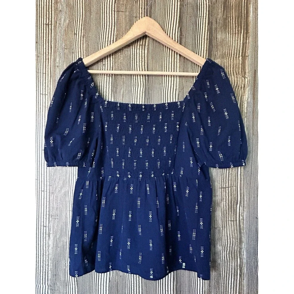 Madewell Womens Jacquard Puff Sleeve Babydoll Top Navy Embroidered Sz S NF205